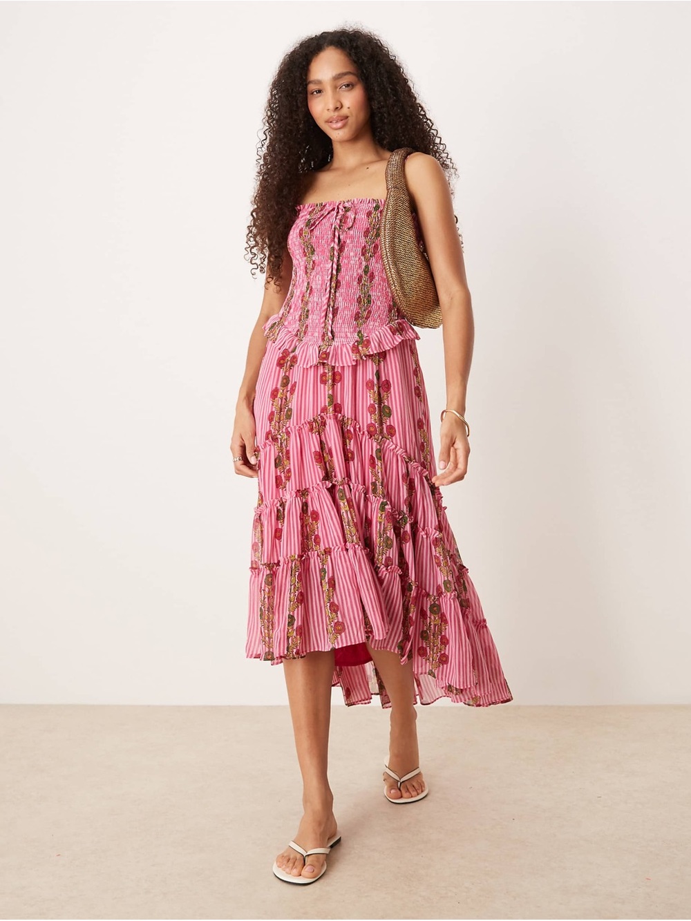 NWT Free People Alejandra Floral Print Smocked Square Neck Tiered Midi Dress XL